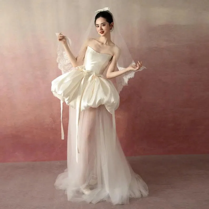 Ivory mini short bridal dress basque waist cat eye neckline