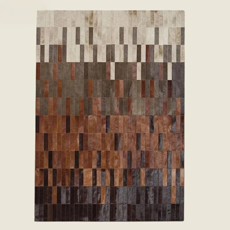 Custom Luxury Handmade Cowhide Patchwork Leather Area Rugs Striped New Home Living Room Prayer Carpets for Bedroom Handmade Home