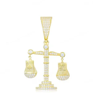GRA Certified 925 Sterling Silver Claw Set Round Moissanite Justice Balance Scales Pendant Men Yellow Gold Plated Hip Hop Party