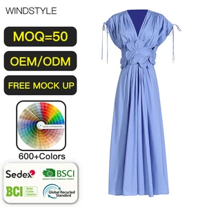 OEM/ODM Elegant Temperament Long Dresses High Waist Large V-Neck Collage Flower Embroidered Casual Summer Dresses for Women