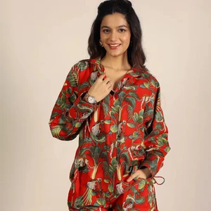 100% Cotton Red Floral Printed Collared Shirt Mini Shorts Set Eco-Friendly Button Natural Co-ord Custom Tropical Theme Sweet