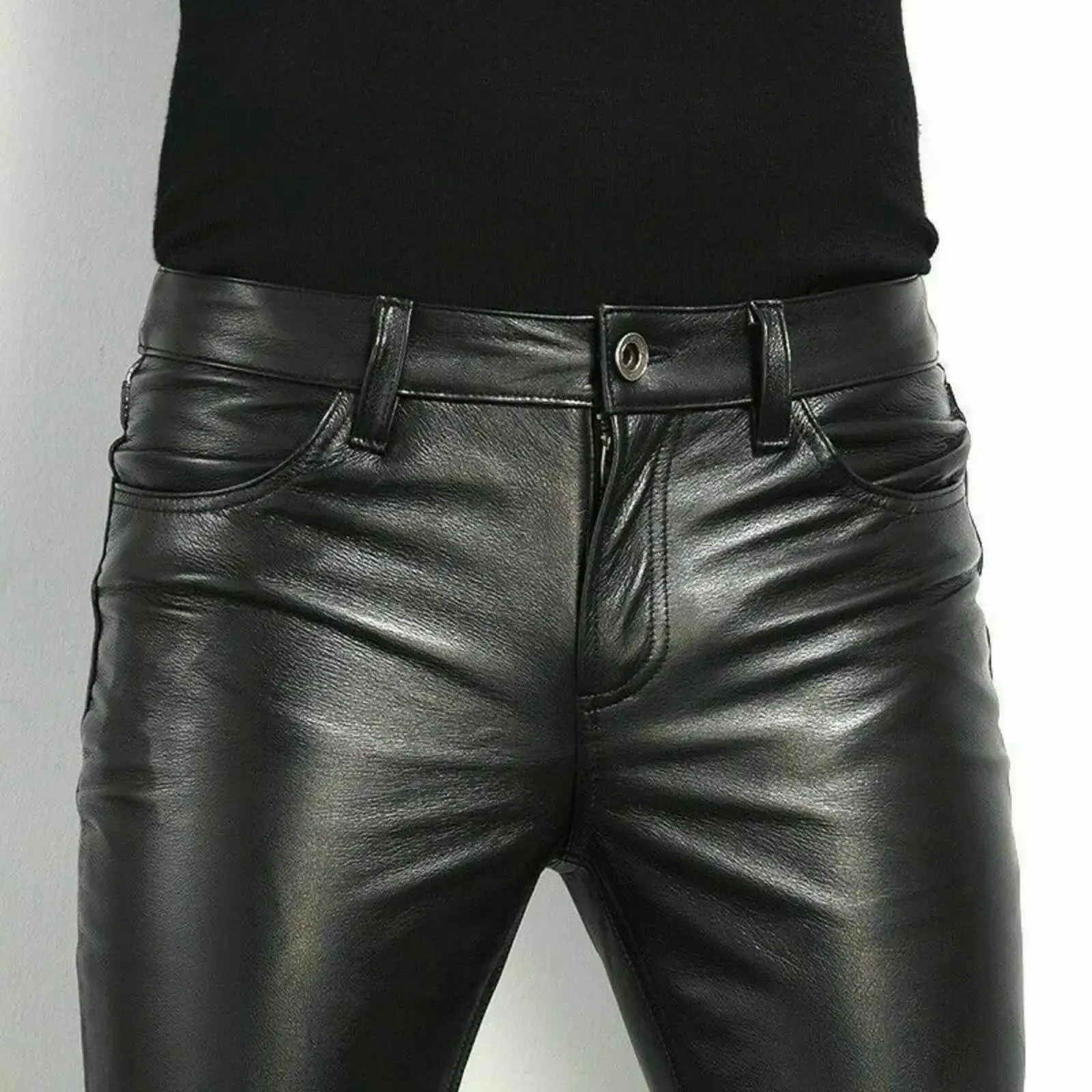Men's Tight Leather Pants - 80s Punk Rock Motorcycle Trousers