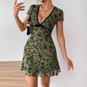 Casual Fashion Dresses for Women Ladies A-line Dress Beach Vestidos Bohemian Style Spring Bell Sleeves V-neck Elegant