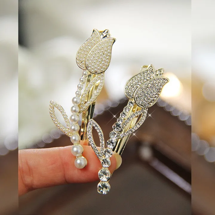 Женские Ювелирные изделия заколка для волос из сплава с цветком тюльпана и жемчугом со стразами женская новая летняя боковая челка зажим