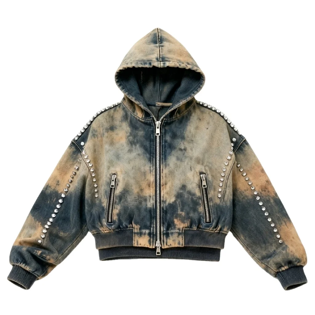 Glory Custom Washed Rhinestone French Terry Hoodie 100% Cotton New Trendy Vintage Style Zip Up Hoodie For Unisex Comfort Wear