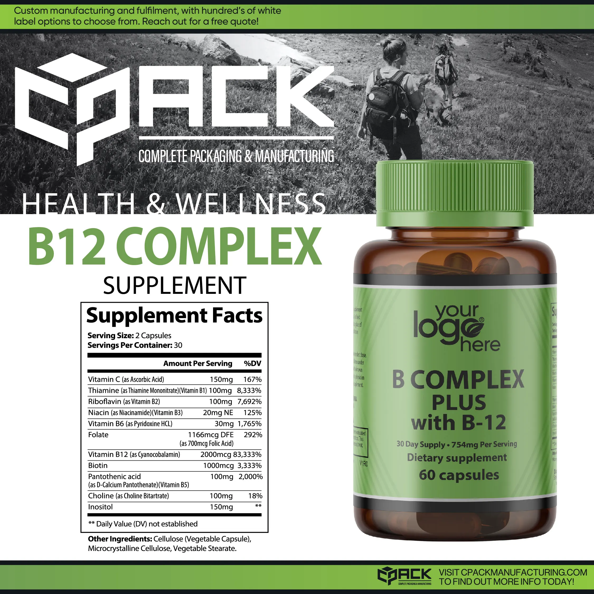 B Complex Plus Capsules with V B-12 OEM/ODM Private Label Vitamin Supplement for Immune Health and Nervous System