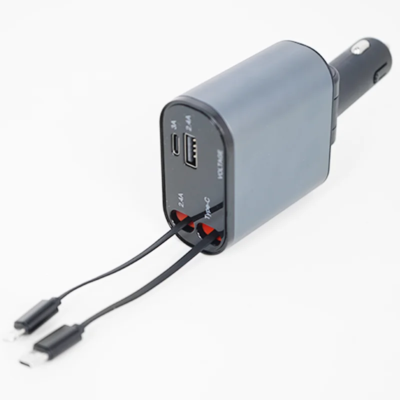 Dual Pull-Out Retractable Cable 4-in-1 Super Fast Charging Car Charger