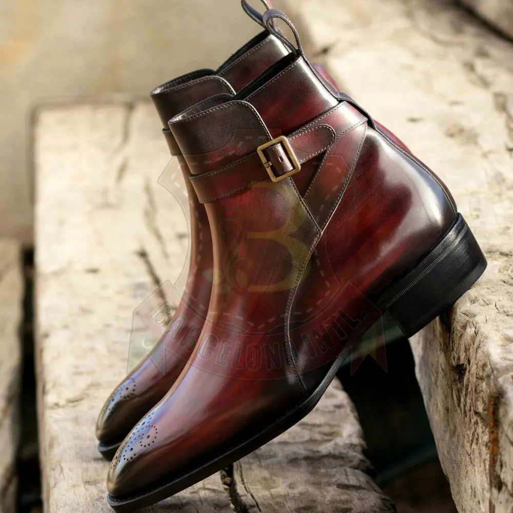 Men High Top Boots Leather With Inner Zip Metal Top Flat Monk Strap