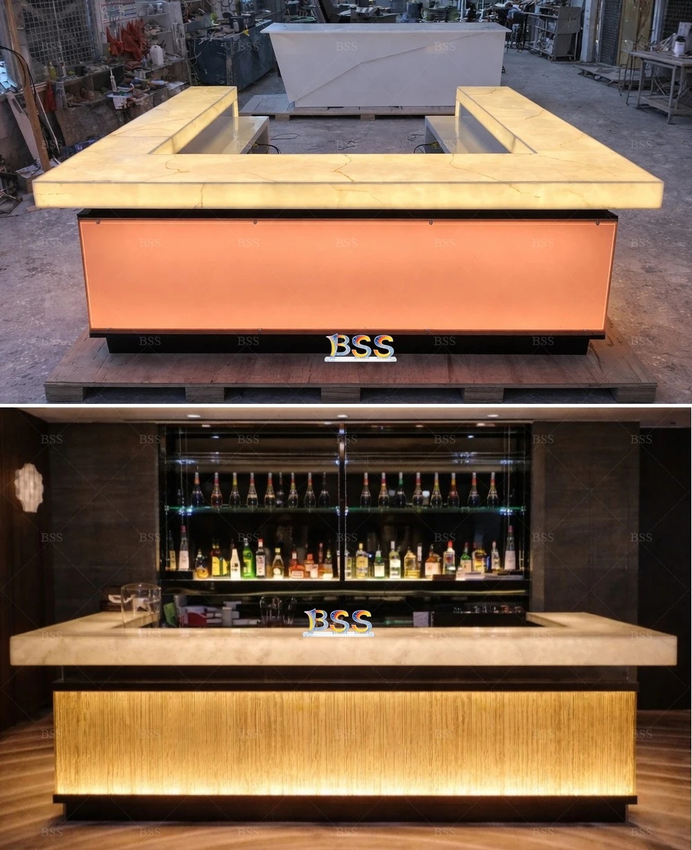 Modern U-Shaped Onyx Marble Bar Counter with LED Light - Customizable ...