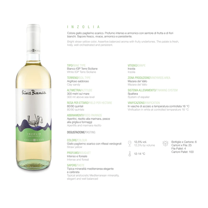 Oem Italian White Wine Lisca Bianca Inzolia 75 Cl 1 Carton Includes 12 Bottles Buy Italian