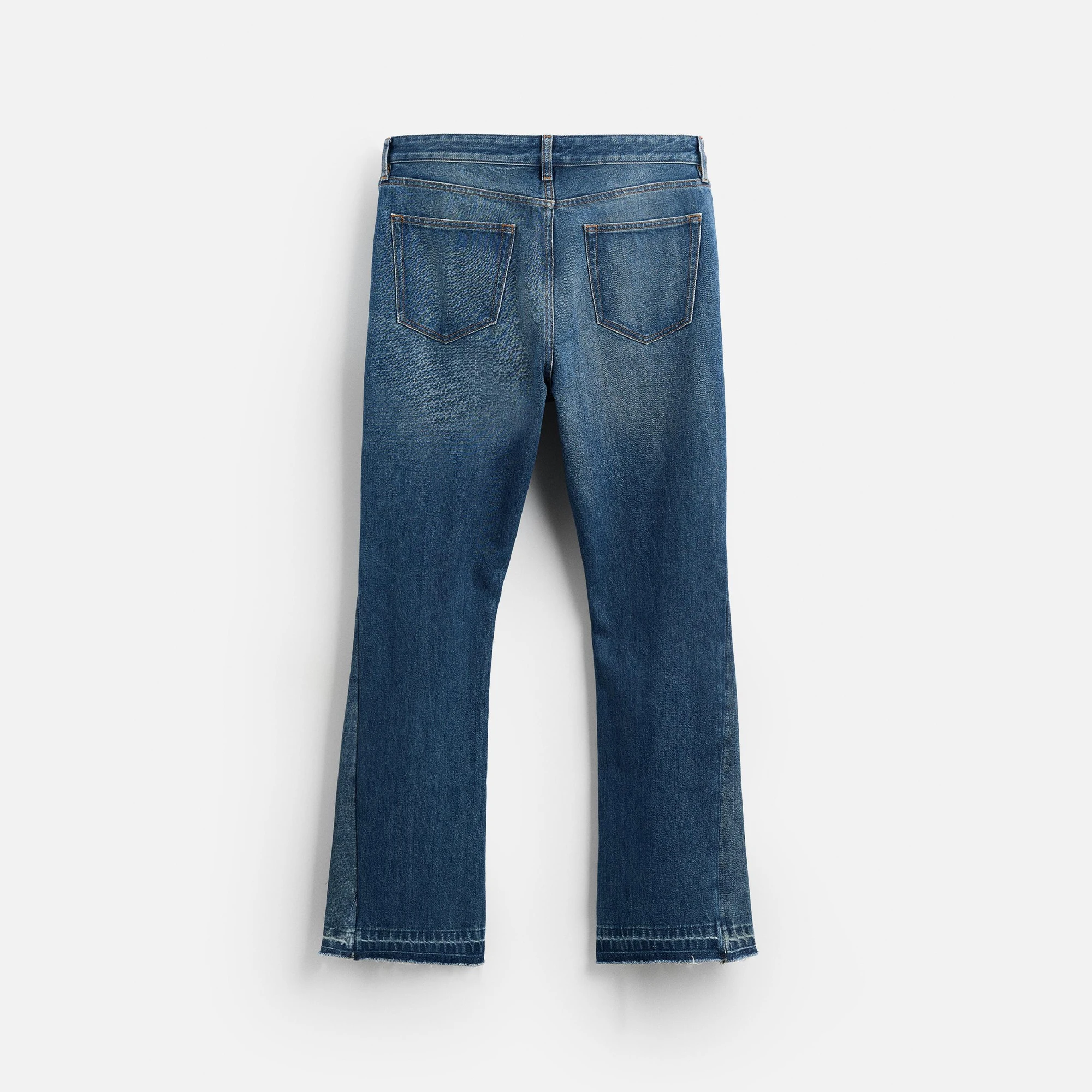 Men Flared Bell Bottom Jeans with Washed Effect Five Pockets Uneven Hem Zip Fly Top Button Fastening Made in Bangladesh