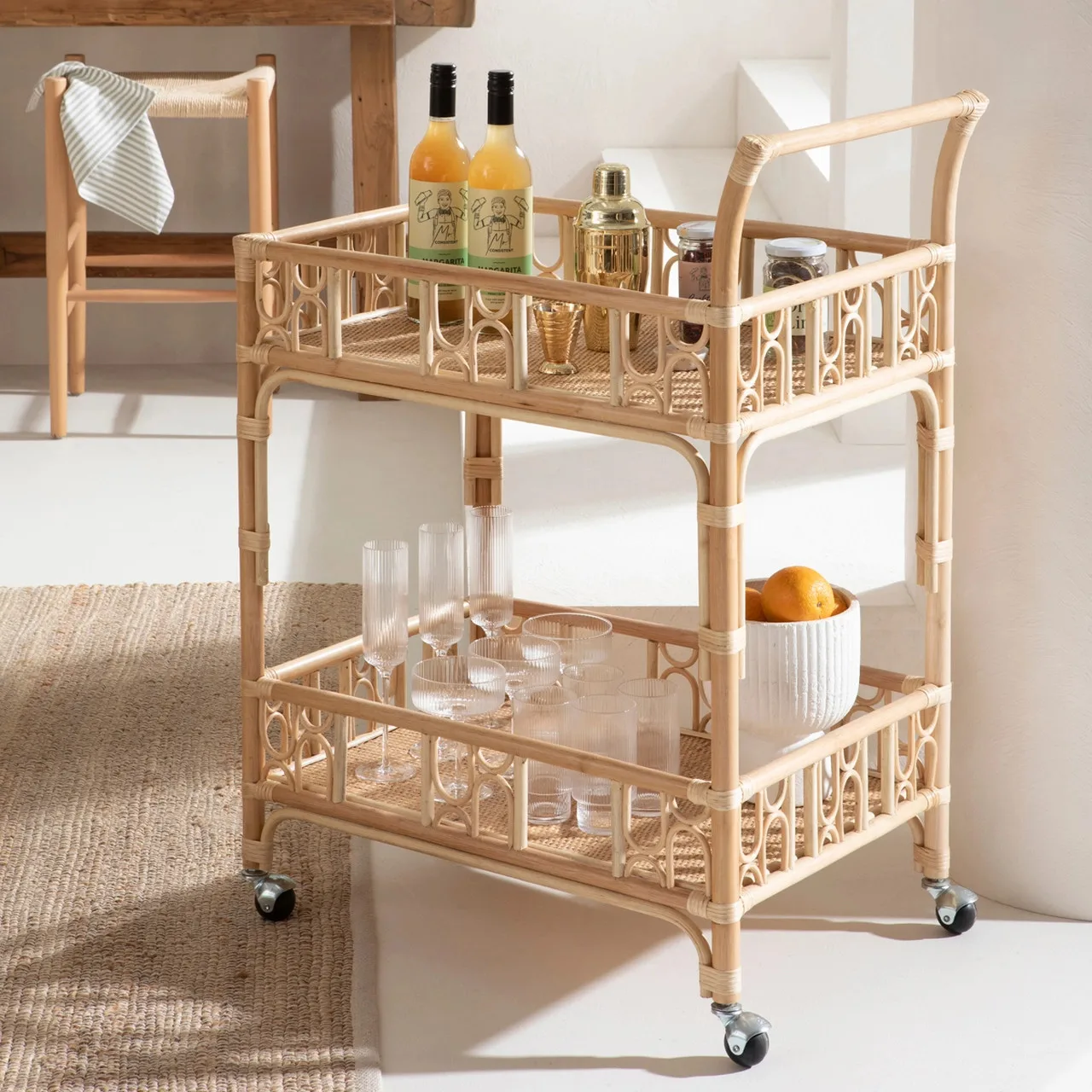 Handcrafted Rattan Bar Cart Trolley Drink And Food Serving Trolleys For