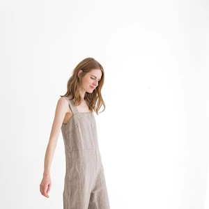 Women's Casual Linen Jumpsuits Ankle-Length Wide Leg Bottoms Sleeveless Overalls with Sweet Style Solid Pattern Woven Romper