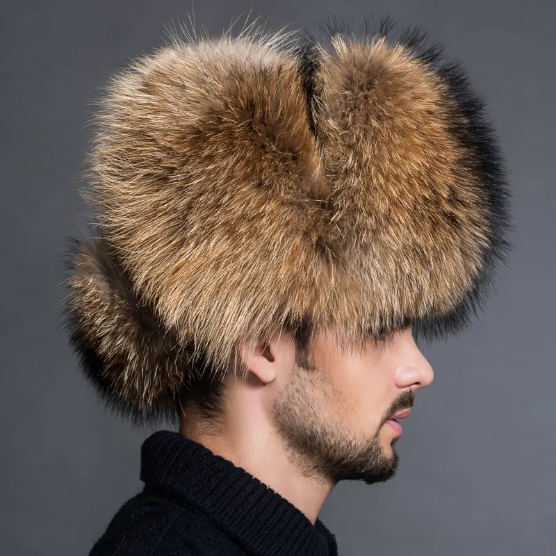 Men's Russian Trapper Ushanka Hat Winter with Raccoon Fur Trim Solid Pattern Windproof 100% Wool