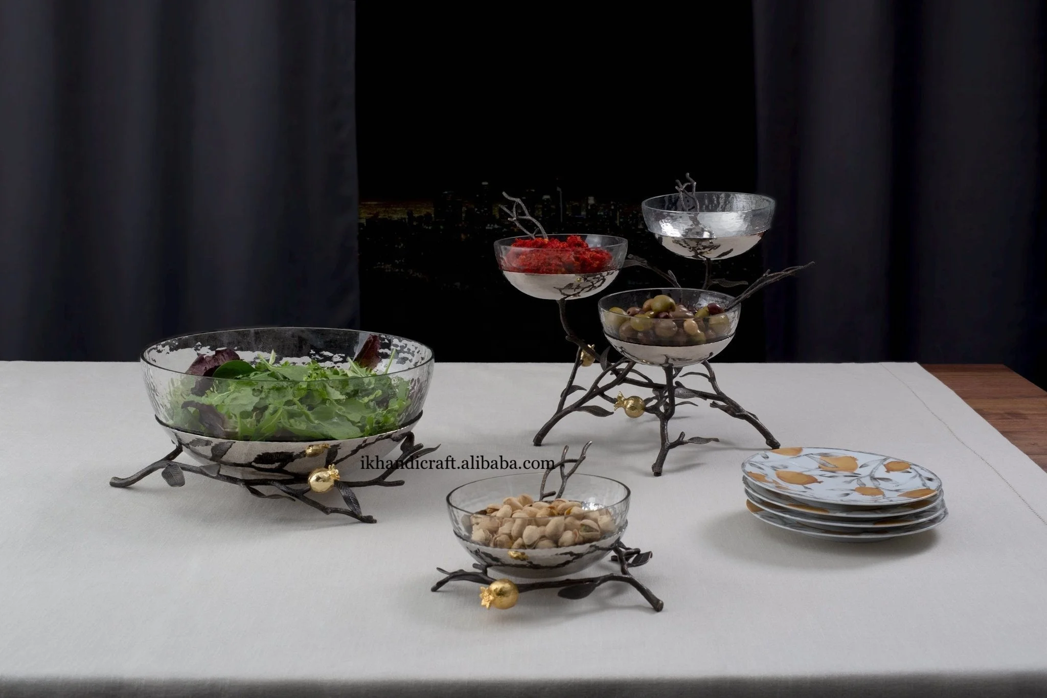 High Demand Luxurious Designer Handmade Pomegranate Glass Metal Bowl with Nickel Plating Matching Steel Spoon Customised Texture