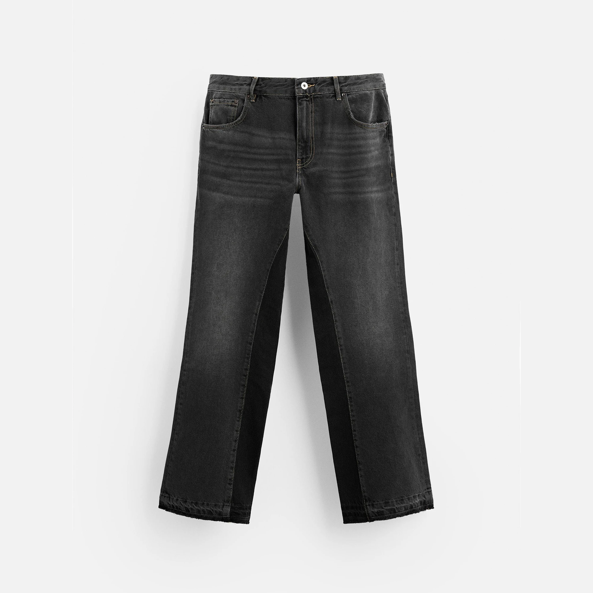 Men Flared Bell Bottom Jeans with Washed Effect Five Pockets Uneven Hem Zip Fly Top Button Fastening Made in Bangladesh