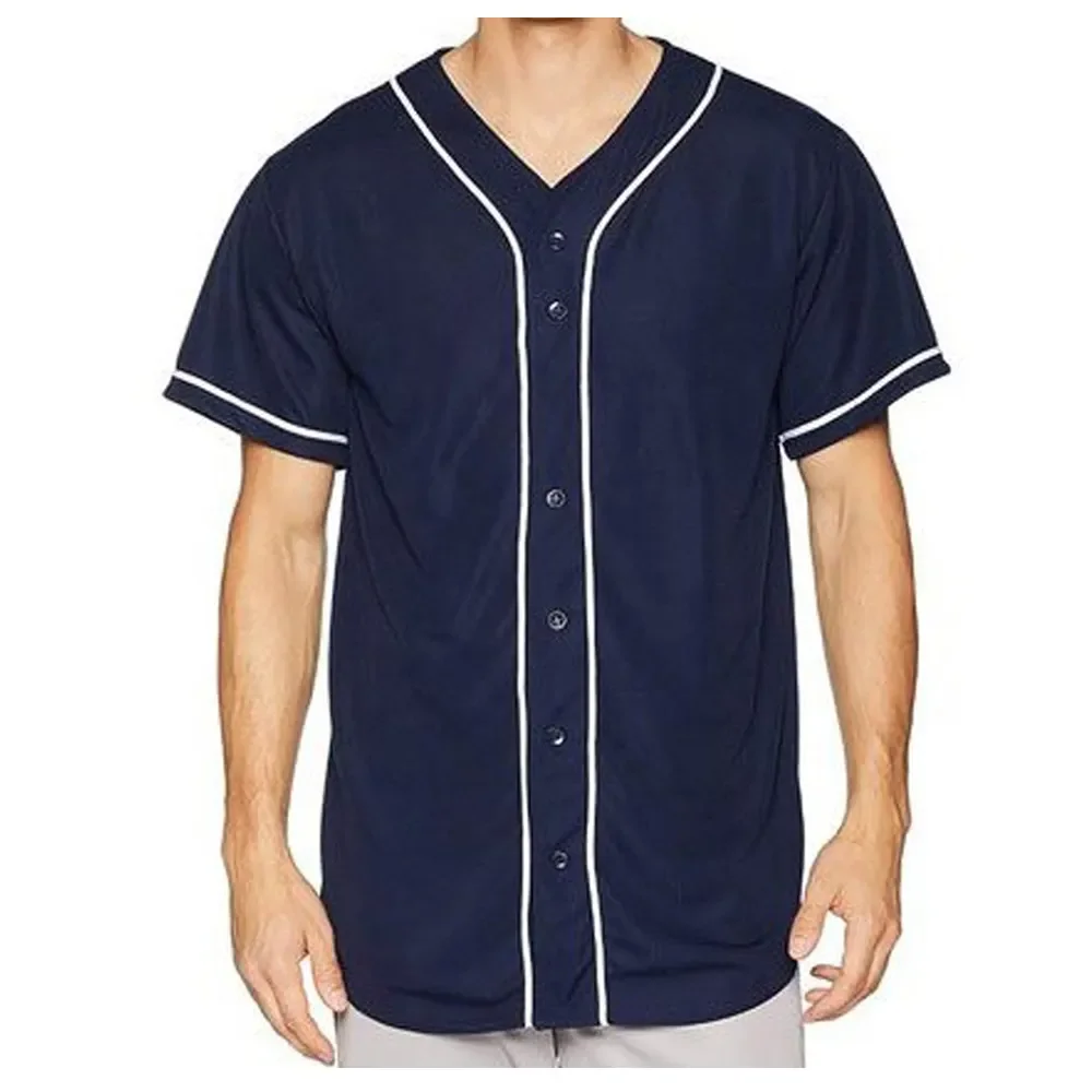 Plain Navy Blue Baseball Jersey Mens Button Up V Neck Team Shirt