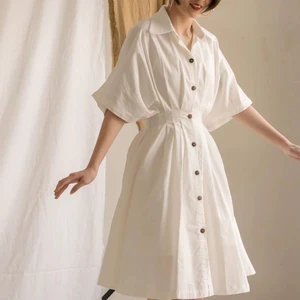 Cute Women's Custom Cotton Linen Summer Half Sleeves Midi Shirt Dress With Front Buttons Custom Colors Available Big Size
