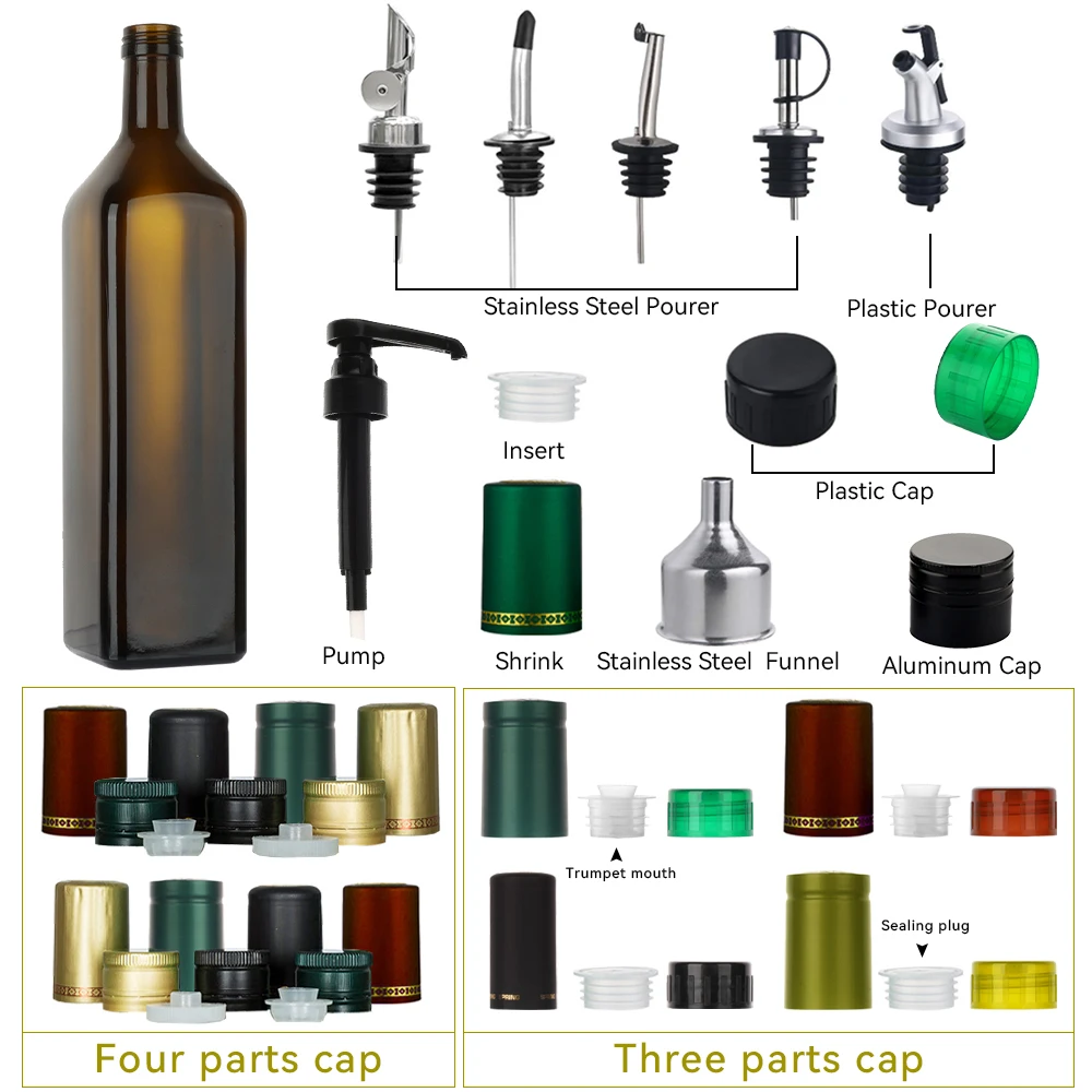Empty 100ml 250ml 500ml 1L Clear Square 750ml Olive Oil Glass Syrup Dispenser Bottles With Easy Pour Spout Set