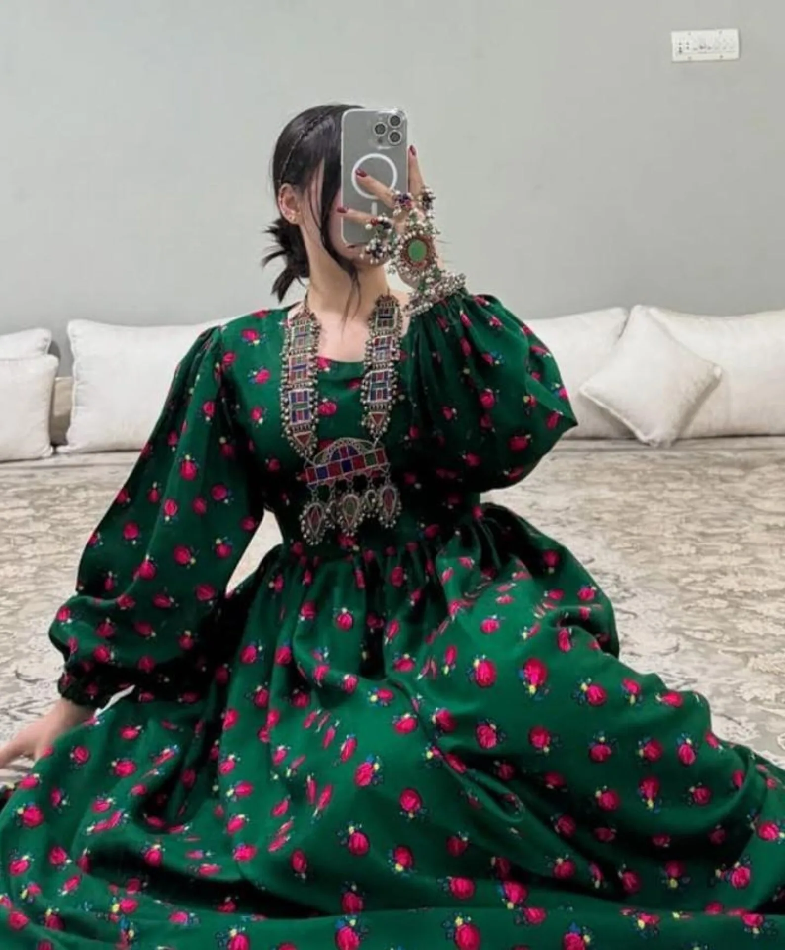 green afghan dress Elegant Decorated With Bright Pink Motifs And Paired With Statement Cultural Jewelry Creating A Bold Vibrant Sarta