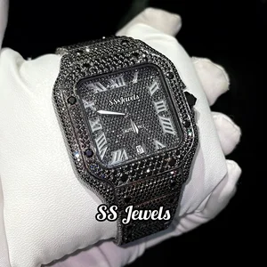 Men's Luxury Business Automatic Moissanite Diamond Analog Watch Glass Dial 41mm Stainless Steel Band Black Antique Hip Hop Style