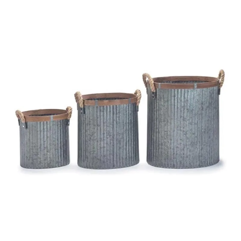 Set of 4 Embosed Metal Nested Tin Planters Accented With Medallion in the Center Each Planter Has Side Ring Handles in Wholesale