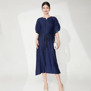 Miyake Pleated Dress Loose Bat Sleeves Large Size Lace-Up High Quality Women's Elegant Dress