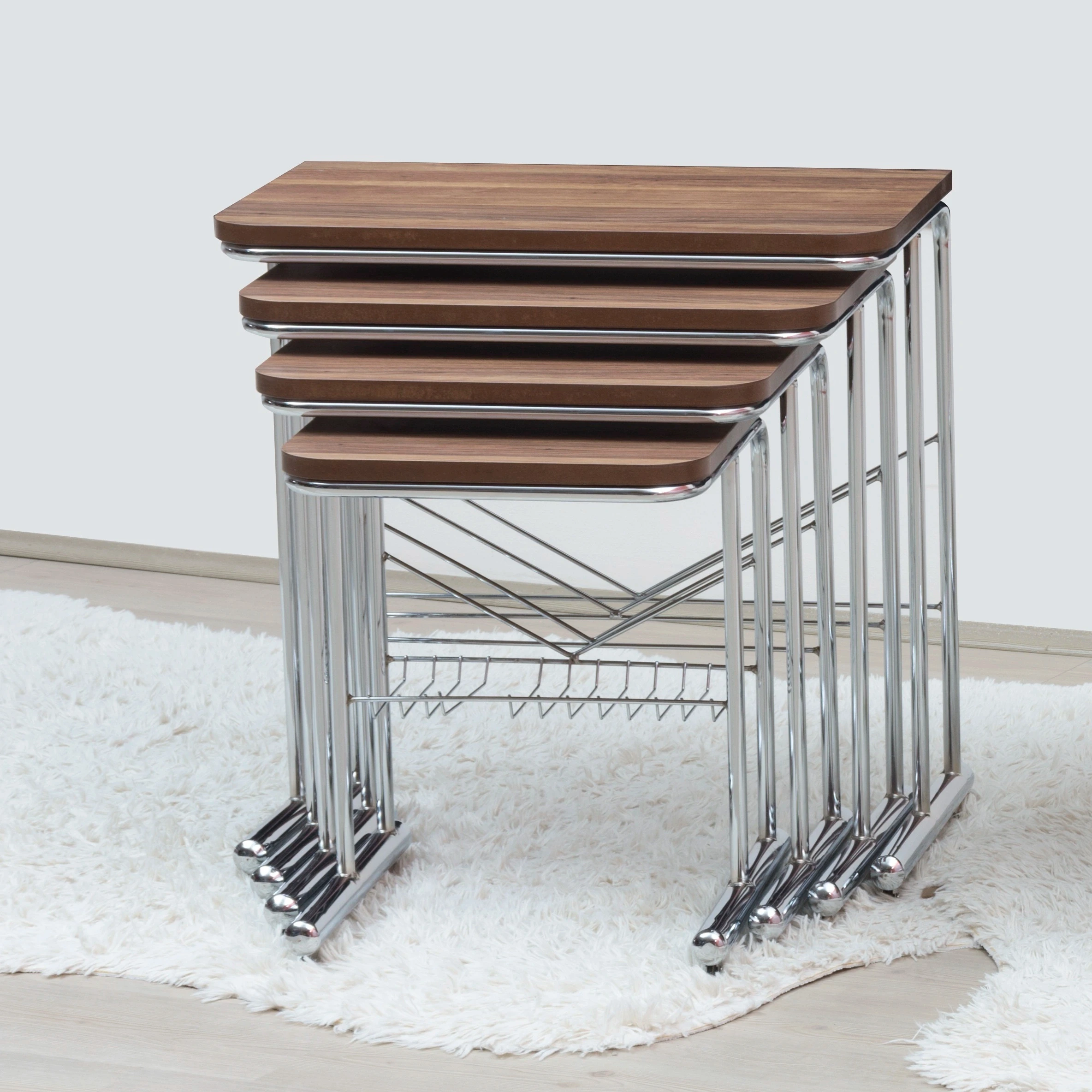 Modern European Design Nesting Tables Set of 4 Chrome Plated Metal Legs with MDF Laminate in 3 Colors for Living Room Furniture