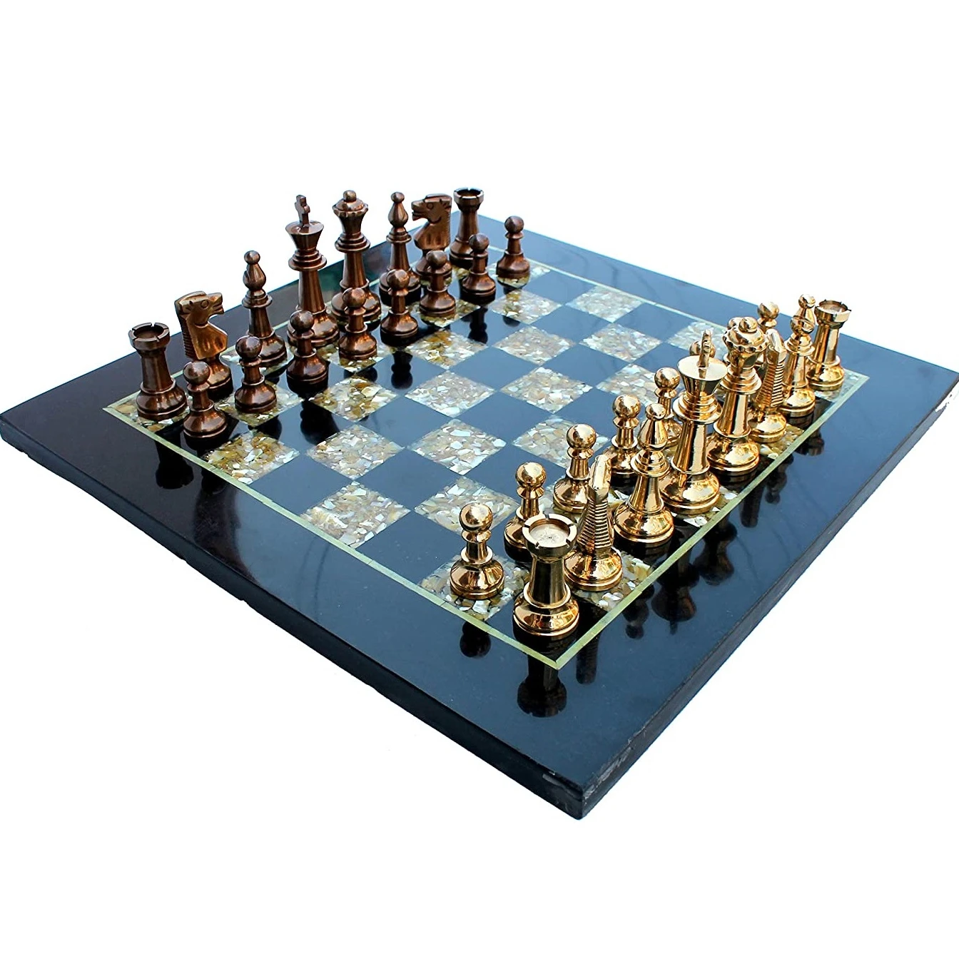 Chess Game Board Set - Made With Black Marble, & Brass Pieces (15" X 15")