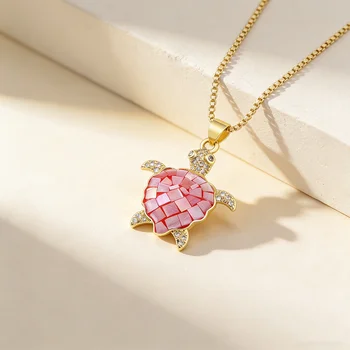 QIKU Cute Tortoise Shape Colorful Shell Charm Women Necklace Gold