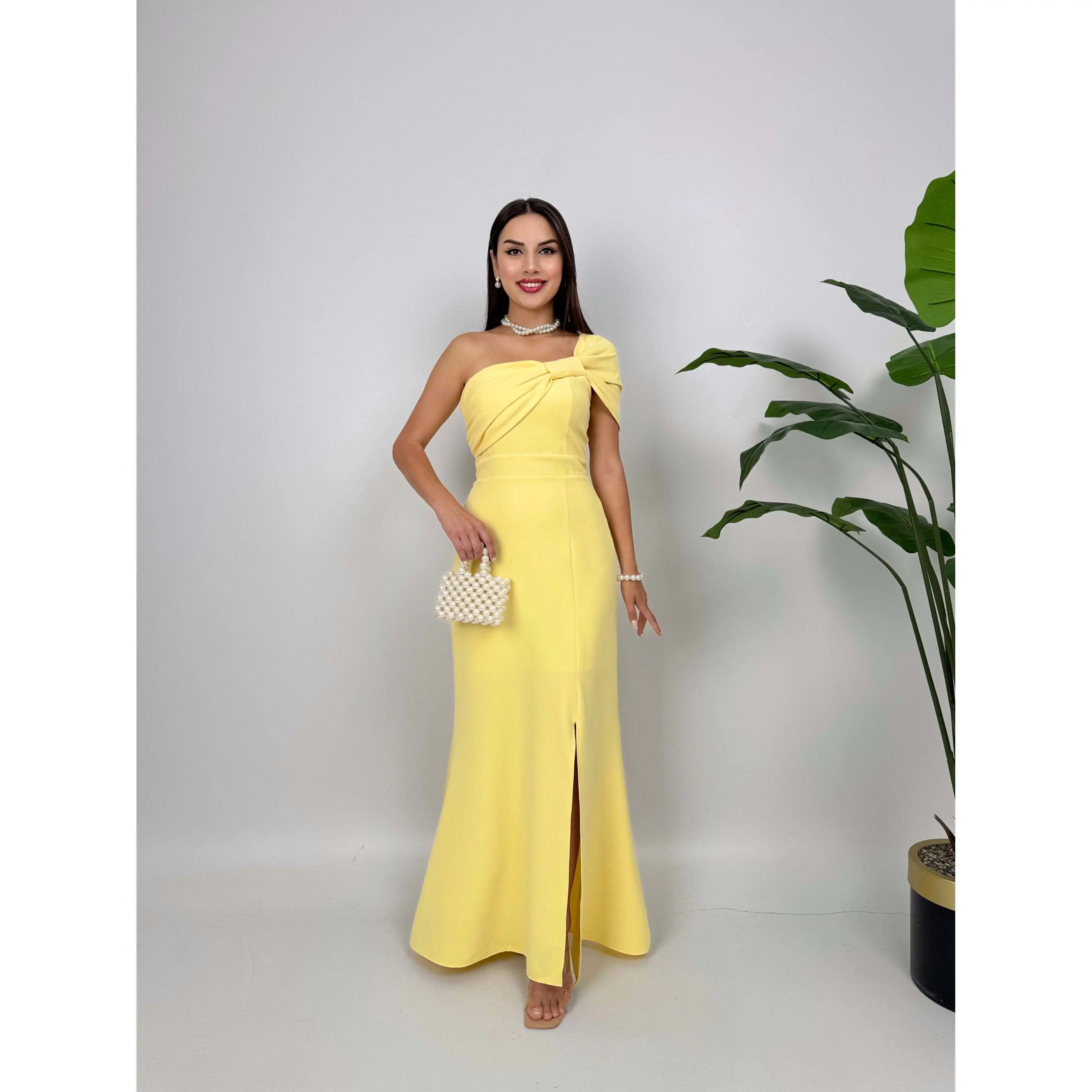 3008 Satin Sheath Dress with Brooch on Shoulder Natural Waistline