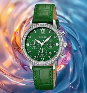 SKMEI Business Stone Circle Case Quartz Watch with Glass Dial 16mm Leather Strap for Women