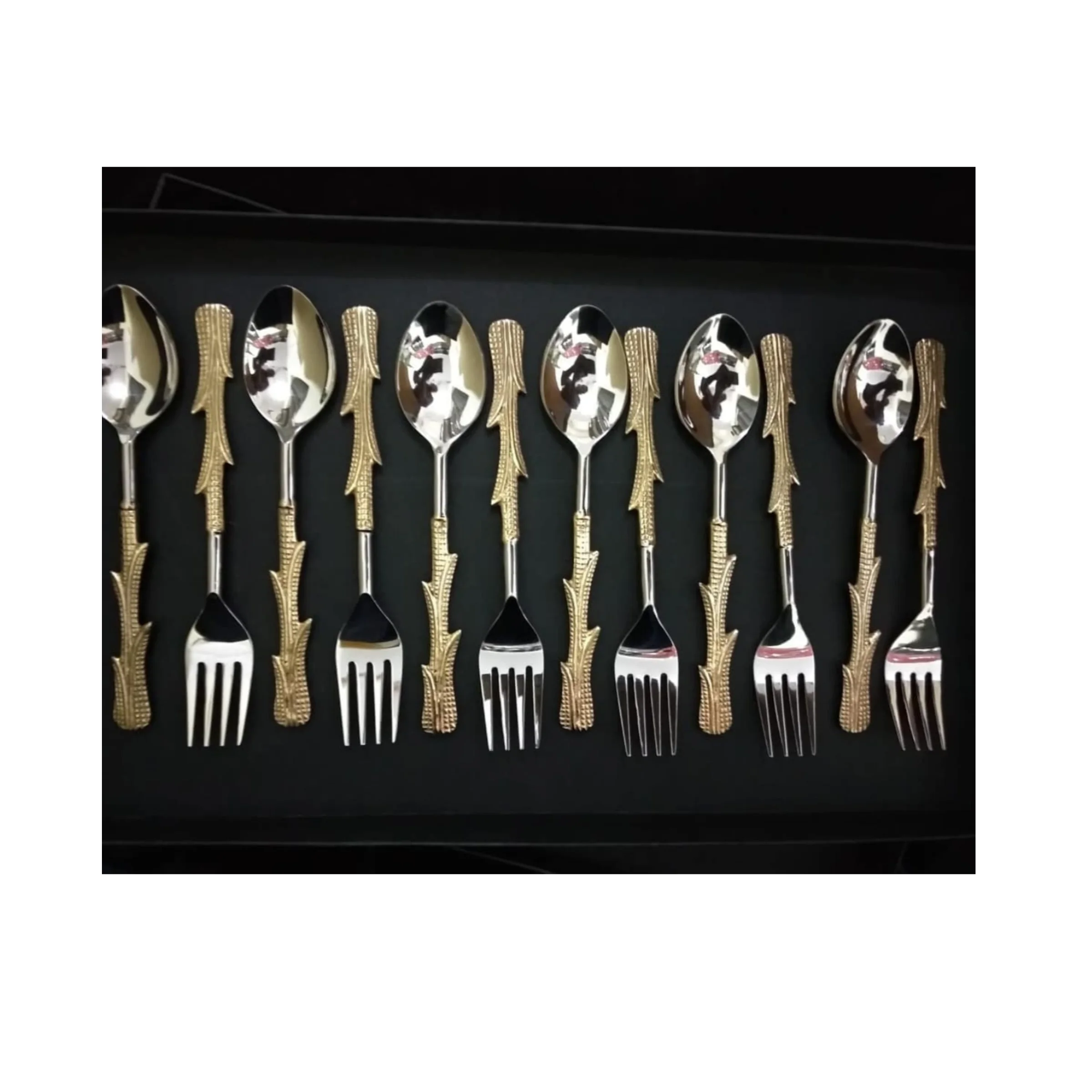 Cactus Design Stainless Steel & Brass Flatware Cutlery Sets With Polish