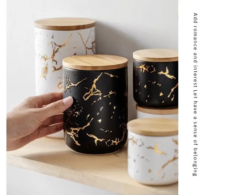 Wholesale Nordic new gold and marble design porcelain food seasoning condiment ceramic storage jar with lid manufacture