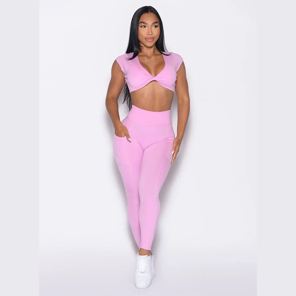Latest Custom Pink Elastic Waist Define Leggings High Waist Active Wear Leggings Quick Dry And Breathable Gym Leggings For Women