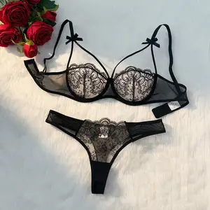 Japanese Erotic See-through Lace Embroidery Floral Women's Two Piece Bra&briefs Romantic Ladies Sexy Hollow Out Underwear Set