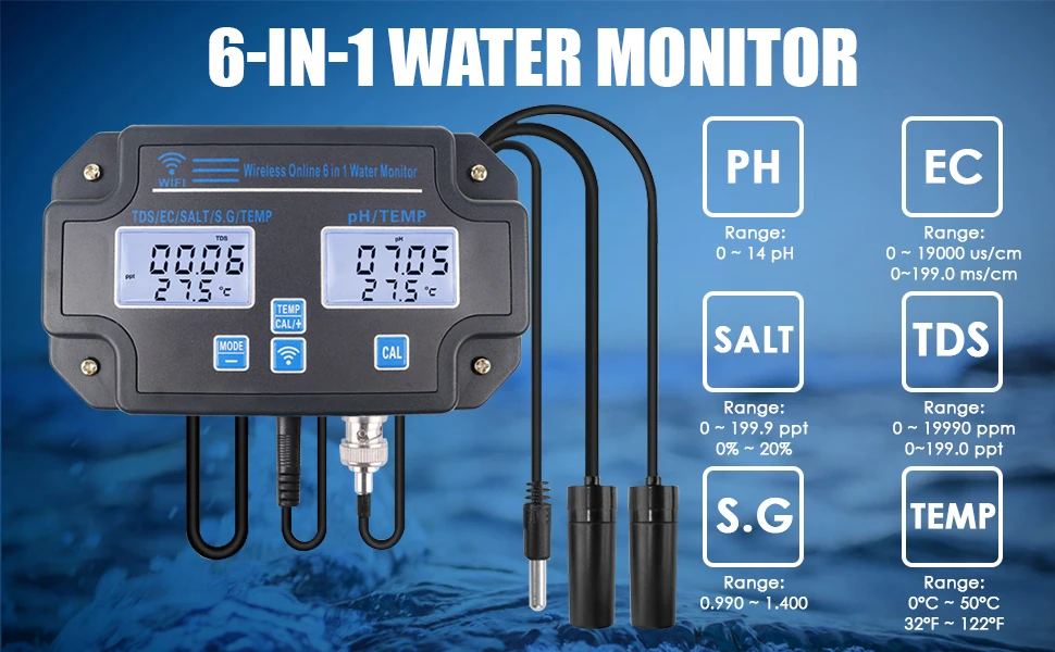 8-in-1 Water Quality Tester - Measures PH, EC, TDS, Temp, ORP, Salt, S.G, CF For Aquariums