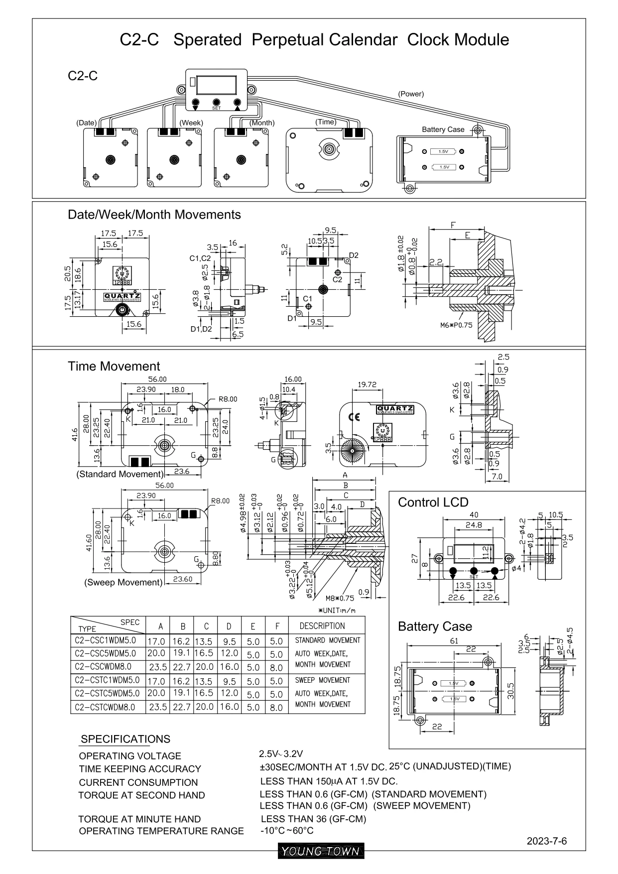 Young town c2 c module perpetual calendar clock movement