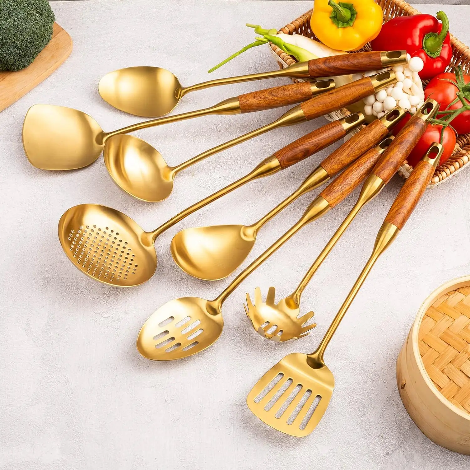 Gold Kitchen Utensils Set With Wooden Handle 8 Pcs Brass Stainless