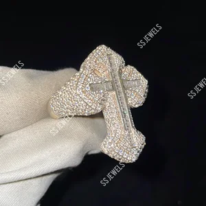 Custom Made SS Jewels VVS Lab Grown Diamond Jesus Cross Ring 925 Sterling Silver Gold Plated Iced Cross Baguette CVD Stone