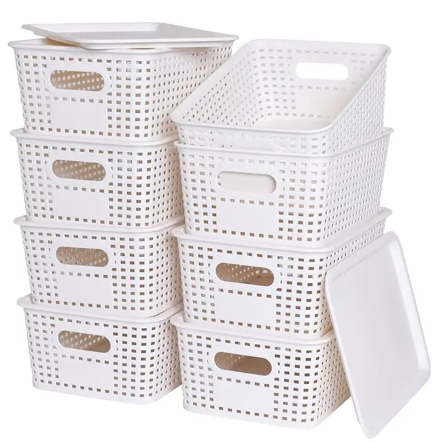 Storage Baskets with Lid, Imitate Rattan Storage Containers Stackable Storage Bins for Organizing Shelves Drawers DSMY Plastic