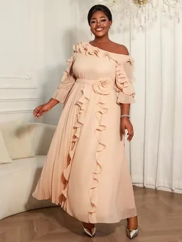 ADR051017 Ruffle Sleeve Pleated Flower Belt Apricot Chiffon Long Bohemia Dress