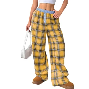 Women's High Street Casual Plaid Straight Pants - Colorblock Waistband, Button Detail
