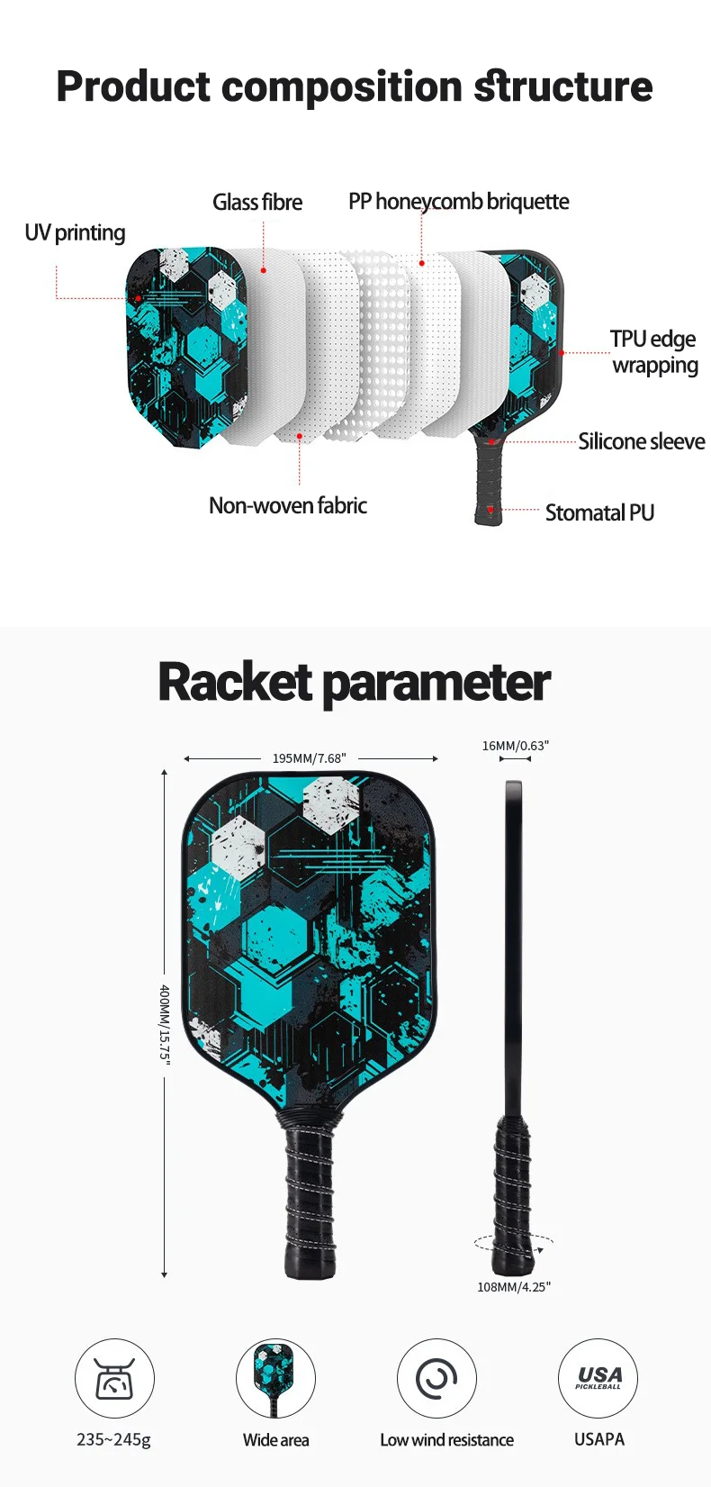 thumbnail image 2 of RAINIER 16mm Fiberglass Pickleball Paddles Set - USAPA Approved 2 Paddles With Bag 2 of 14