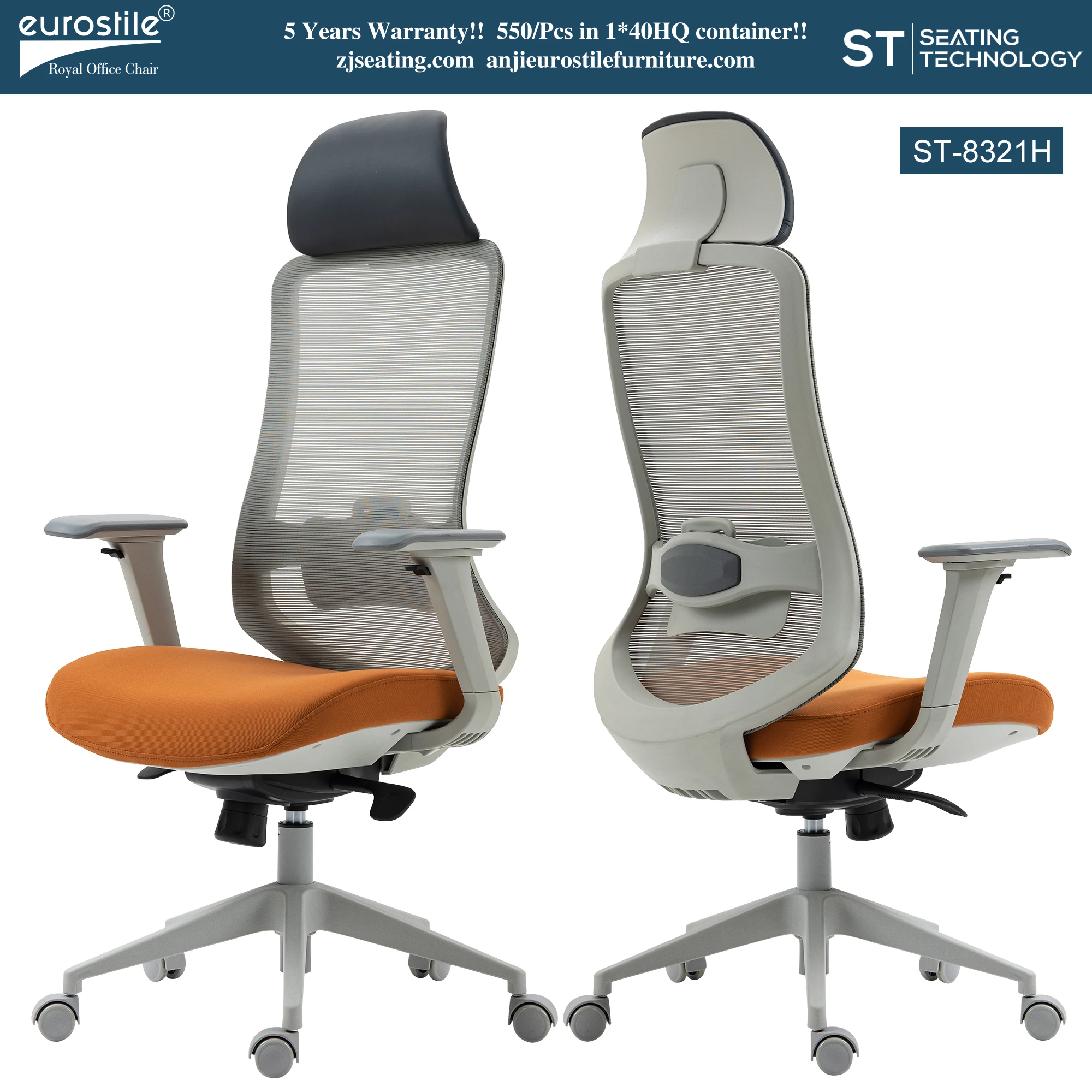 Eurostile Best Selling Gray Frame Swiveling Chair Pu Leather High Back