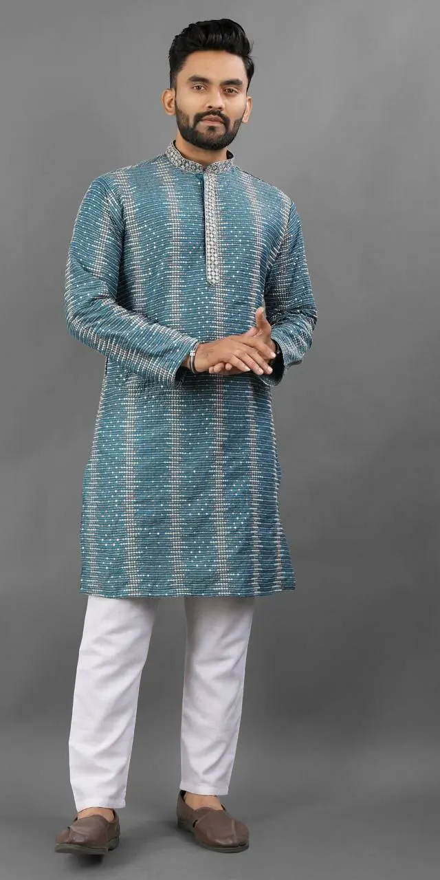 Haldi Special Yellow Color Traditional Look Cheap Price IMPORTAN  FABRIC Thread& Embroidery Work Men's Kurta& Plain White Pent