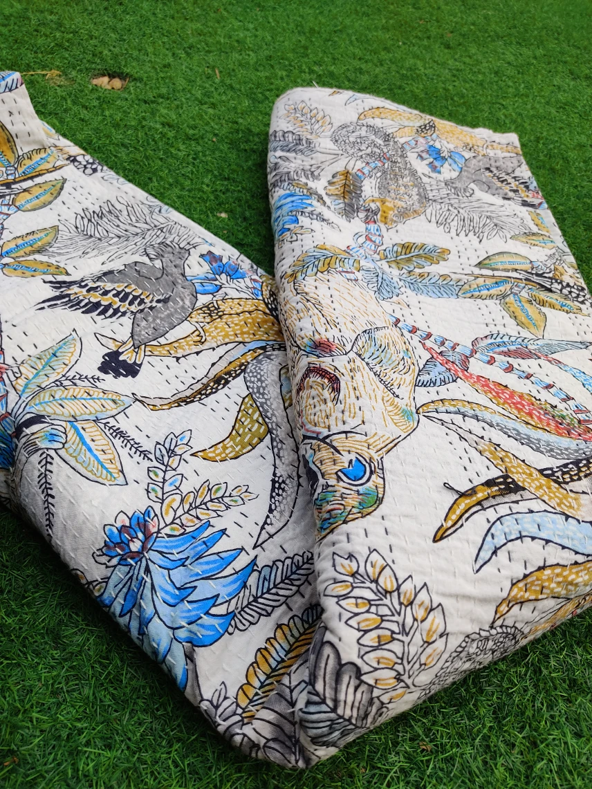 Cotton Kantha Quilt Handmadewhite Twin Queen King Quilt Best Selling