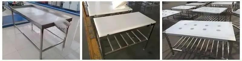 Factory stainless steel work table for use in slaughterhouse or meat processing line