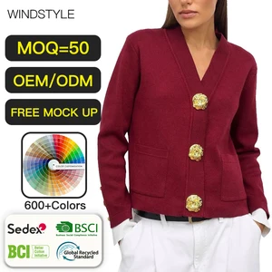 OEM/ODM Women's Elegant Solid Color Long Sleeve Button Knitted Cardigan Casual Style for Autumn Season