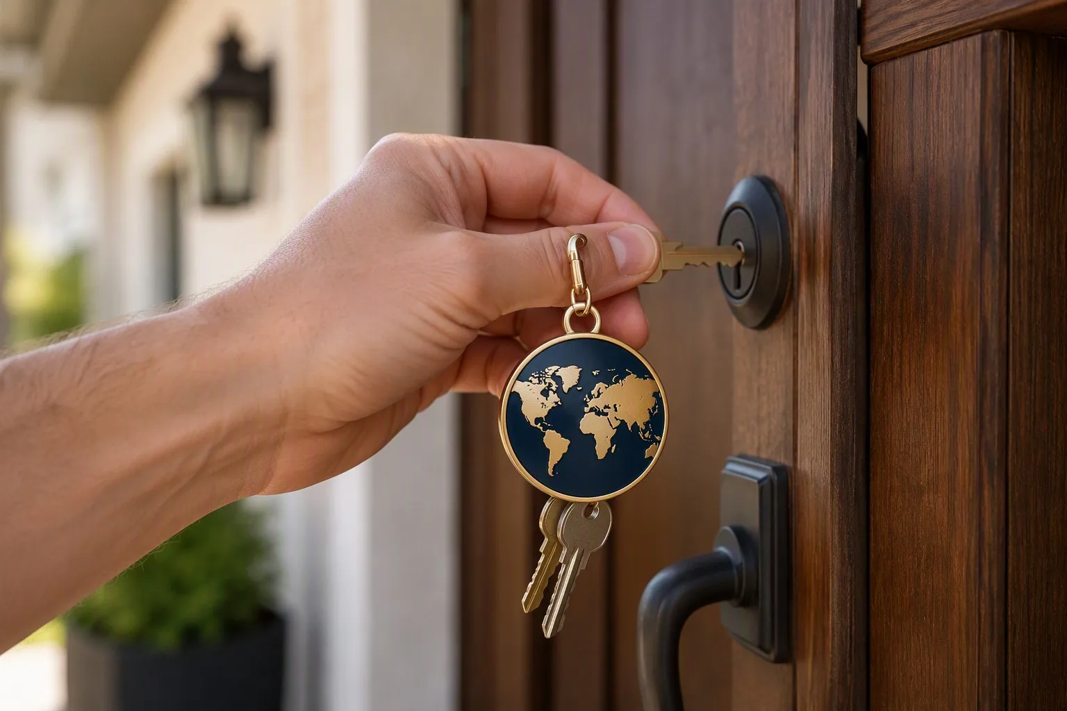 Hand using baked paint keychain at front door — lifestyle shot